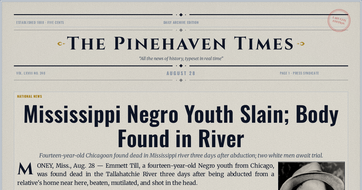 The Yesterday Times front page for August 28: Mississippi Negro Youth Slain; Body Found in River
