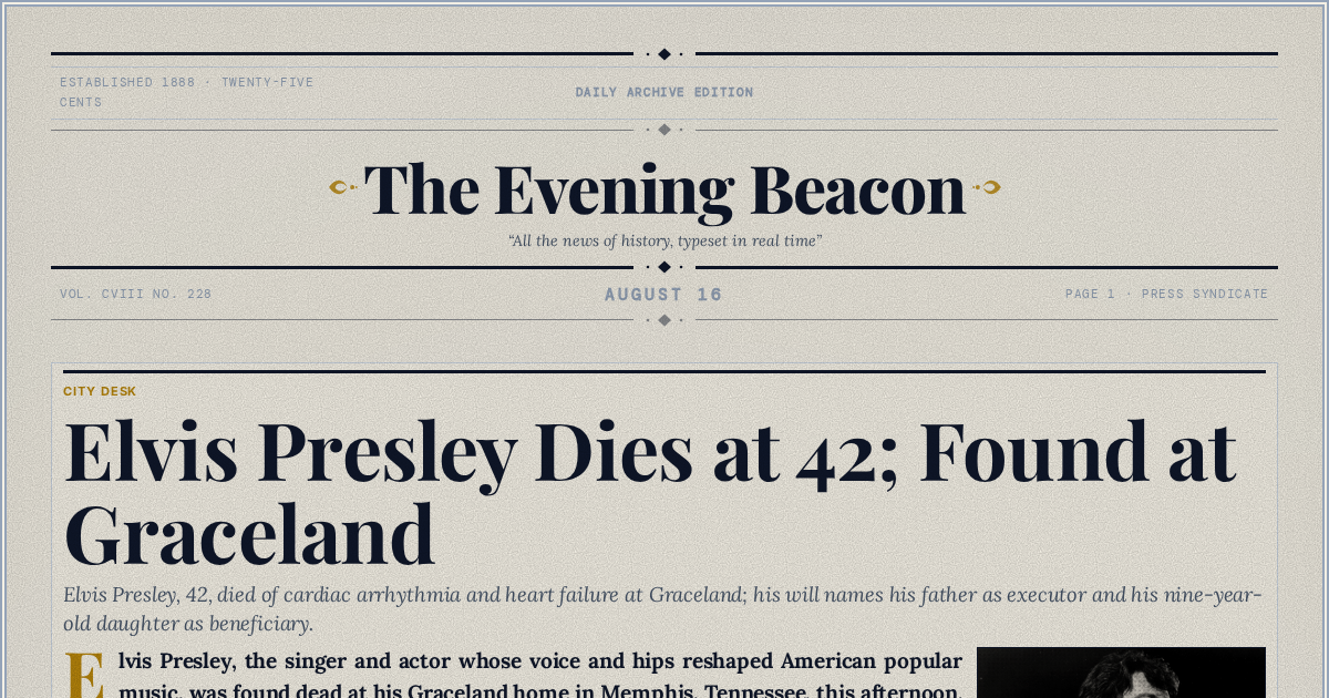 The Yesterday Times front page for August 16: Elvis Presley Dies at 42; Found at Graceland