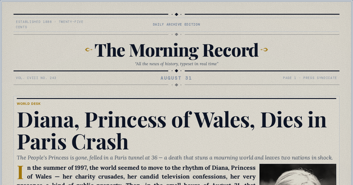 The Yesterday Times front page for August 31: Diana, Princess of Wales, Dies in Paris Crash