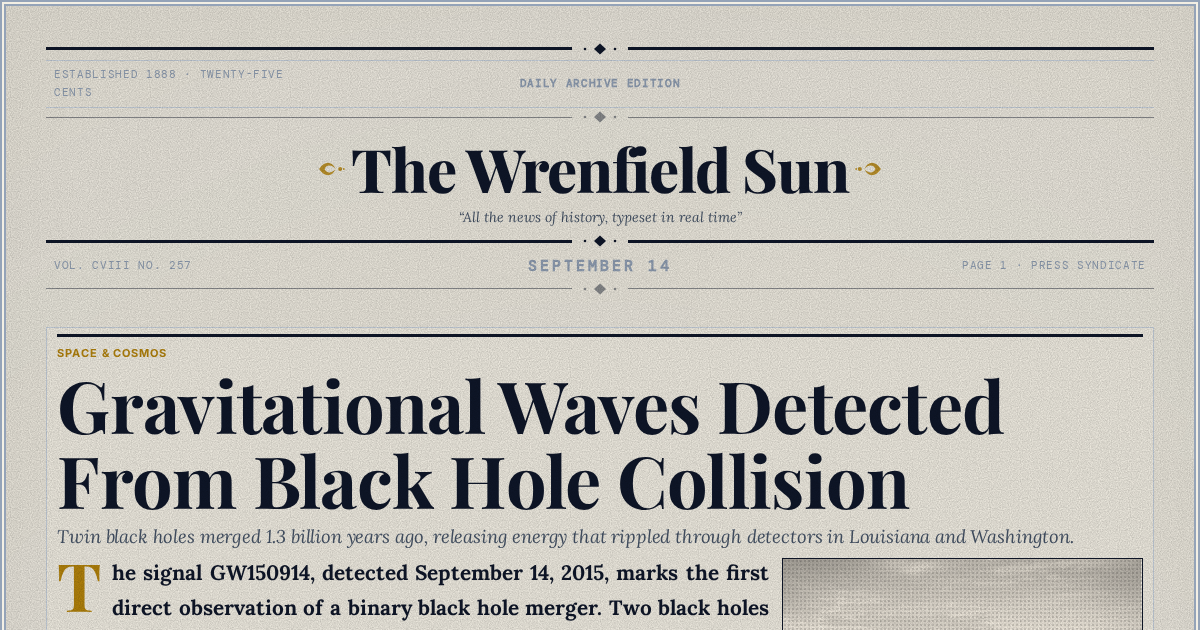 The Yesterday Times front page for September 14: Gravitational Waves Detected From Black Hole Collision