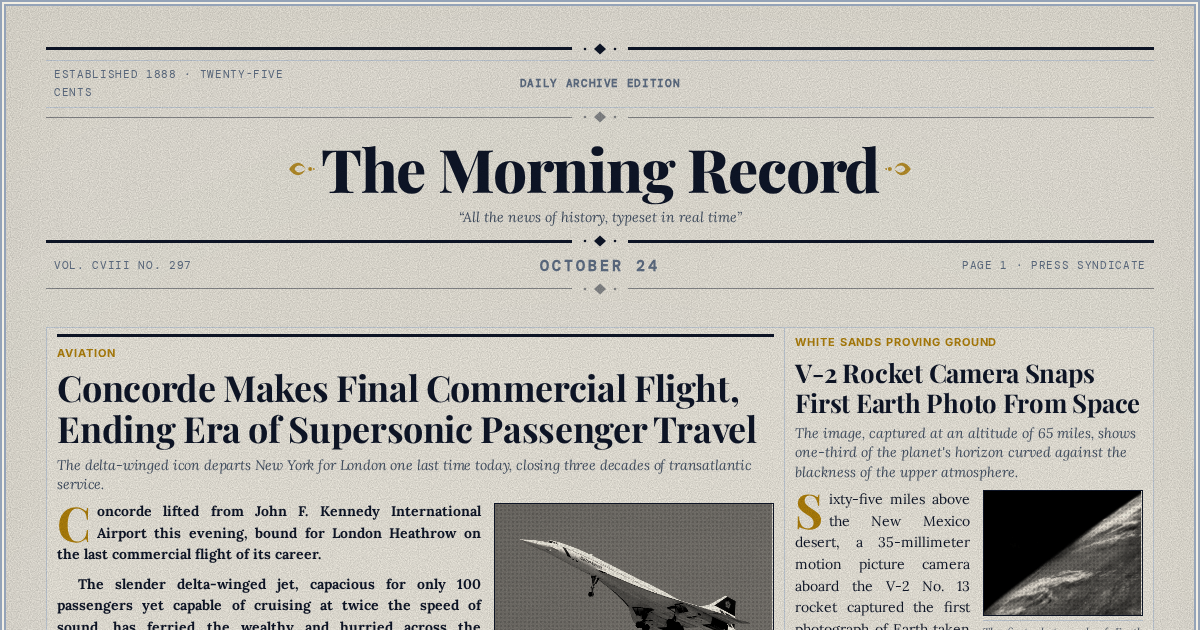 The Yesterday Times front page for October 24: Concorde Makes Final Commercial Flight, Ending Era of Supersonic Passenger Travel