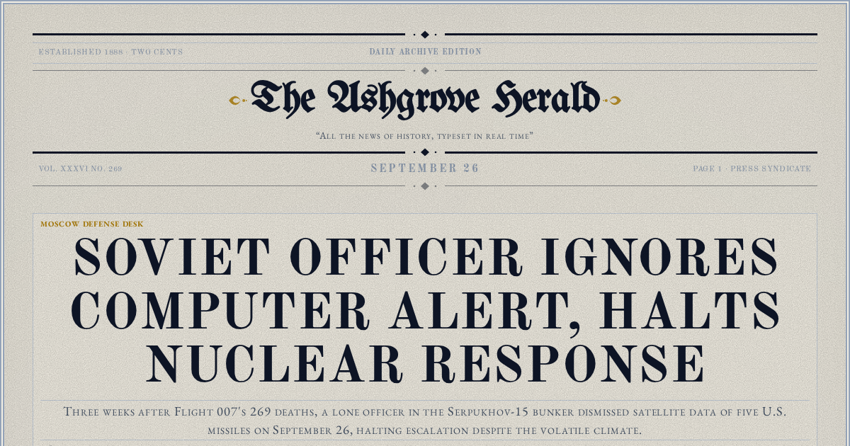 The Yesterday Times front page for September 26: Soviet Officer Ignores Computer Alert, Halts Nuclear Response