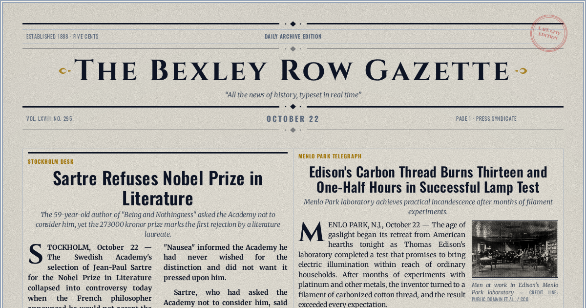 The Yesterday Times front page for October 22: Sartre Refuses Nobel Prize in Literature