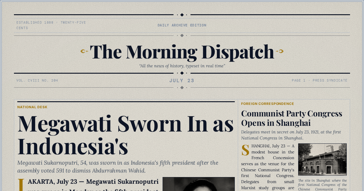 The Yesterday Times front page for July 23: Megawati Sworn In as Indonesia's
