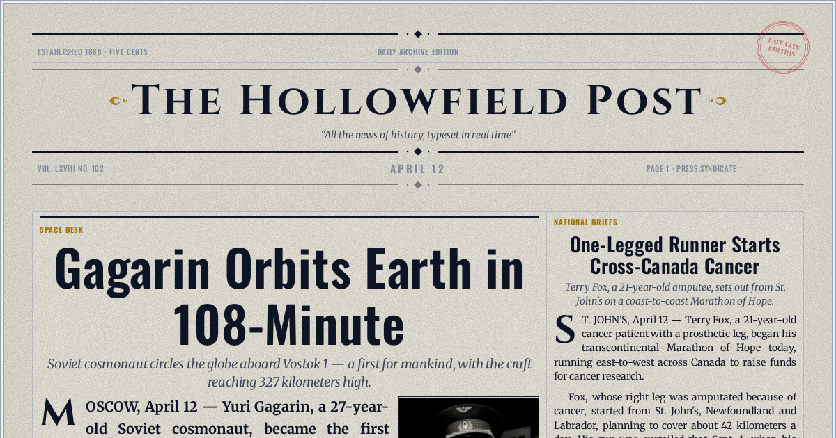 The Yesterday Times front page for April 12: Gagarin Orbits Earth in 108-Minute