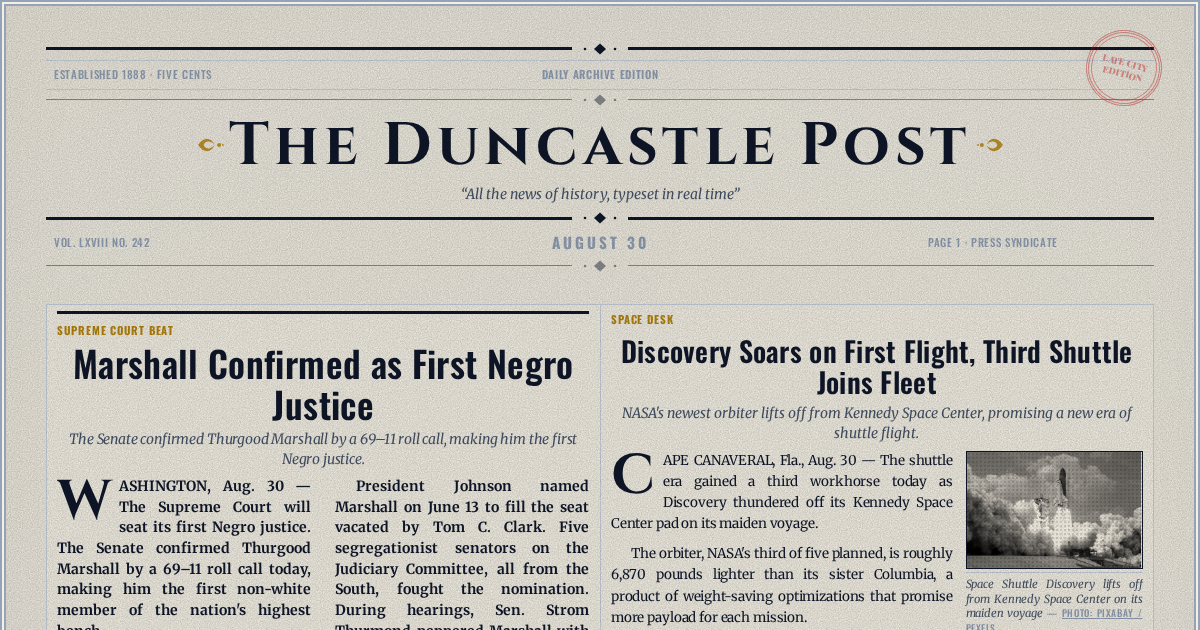 The Yesterday Times front page for August 30: Marshall Confirmed as First Negro Justice