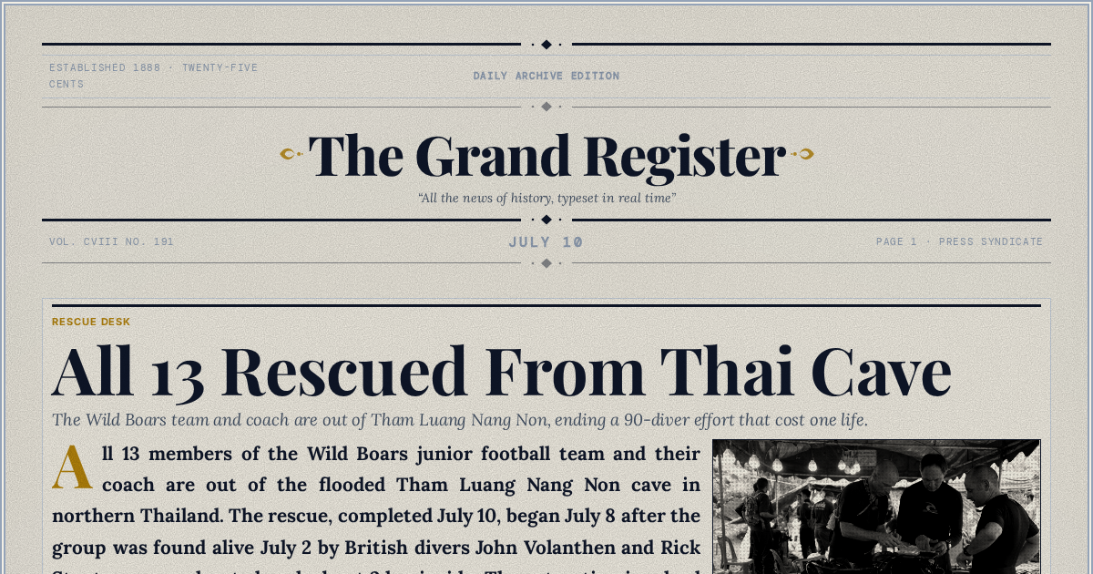 The Yesterday Times front page for July 10: All 13 Rescued From Thai Cave