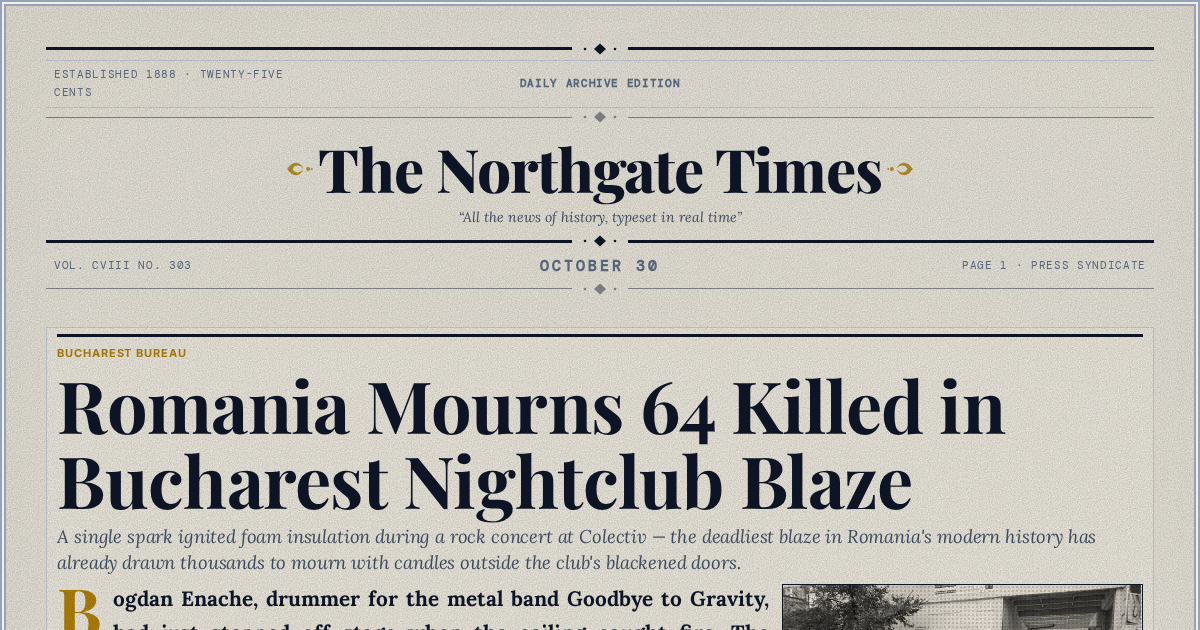 The Yesterday Times front page for October 30: Romania Mourns 64 Killed in Bucharest Nightclub Blaze