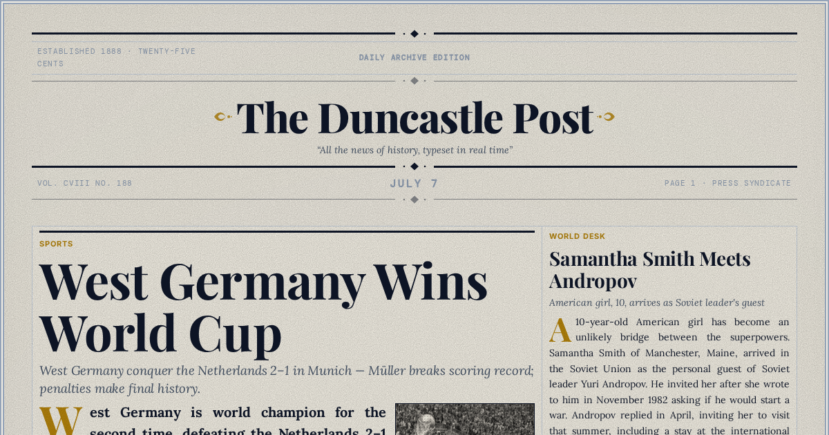 The Yesterday Times front page for July 7: West Germany Wins World Cup