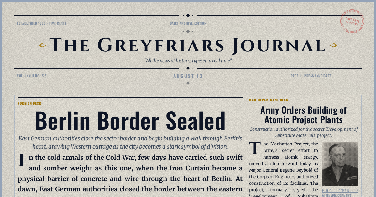 The Yesterday Times front page for August 13: Berlin Border Sealed