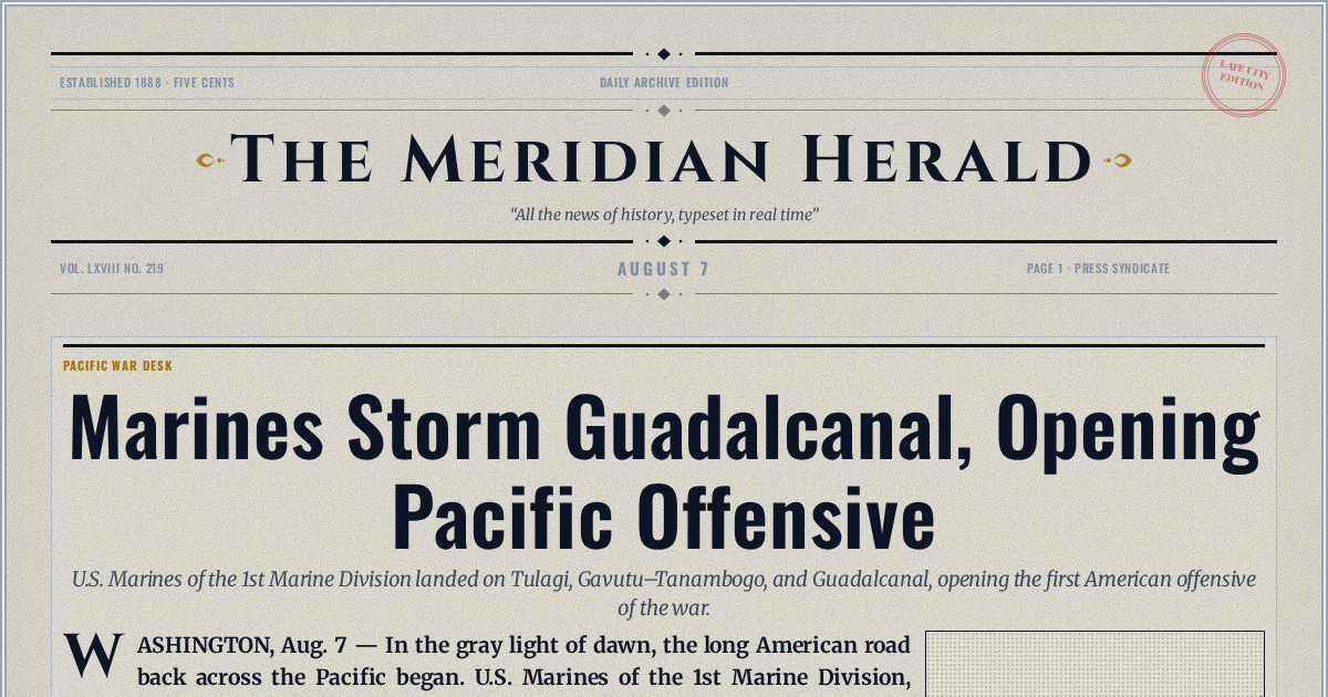 The Yesterday Times front page for August 7: Marines Storm Guadalcanal, Opening Pacific Offensive
