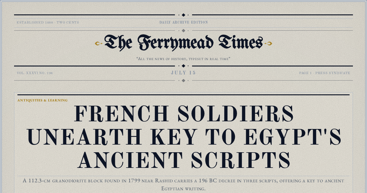 The Yesterday Times front page for July 15: French Soldiers Unearth Key to Egypt's Ancient Scripts