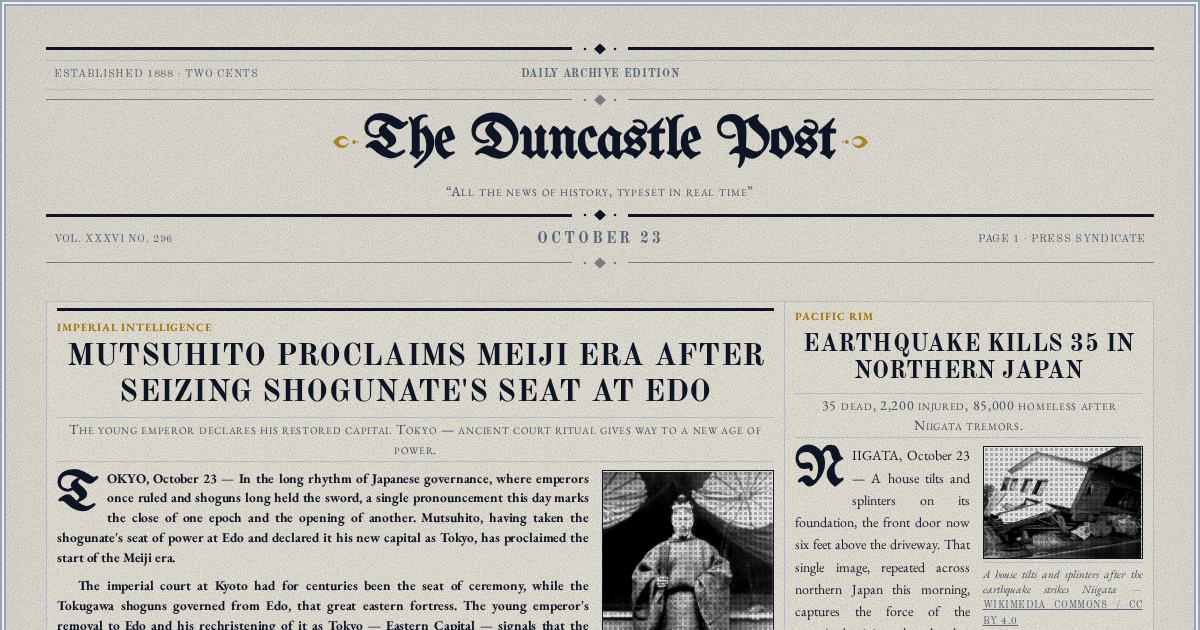 The Yesterday Times front page for October 23: Mutsuhito Proclaims Meiji Era After Seizing Shogunate's Seat at Edo