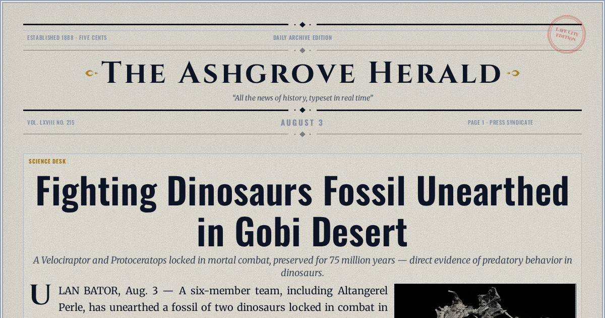 The Yesterday Times front page for August 3: Fighting Dinosaurs Fossil Unearthed in Gobi Desert
