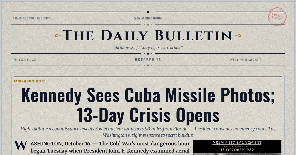 The Yesterday Times front page for October 16: Kennedy Sees Cuba Missile Photos; 13-Day Crisis Opens