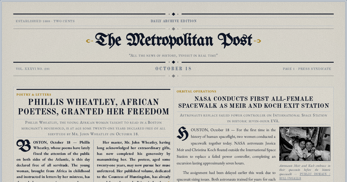 The Yesterday Times front page for October 18: Phillis Wheatley, African Poetess, Granted Her Freedom