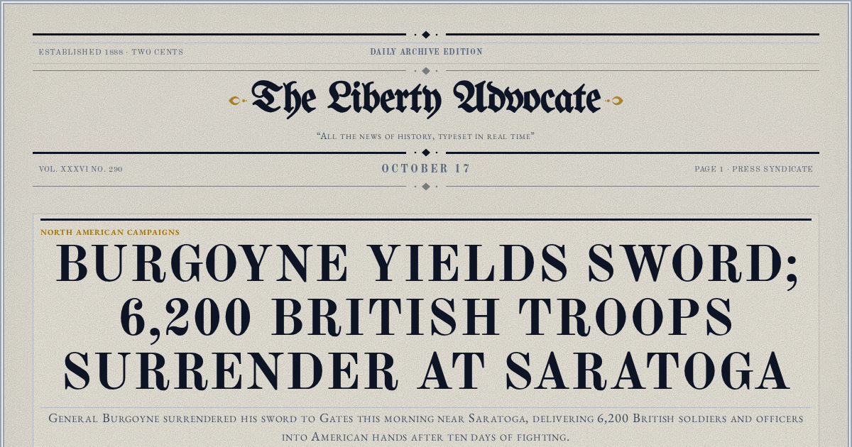 The Yesterday Times front page for October 17: Burgoyne Yields Sword; 6,200 British Troops Surrender at Saratoga