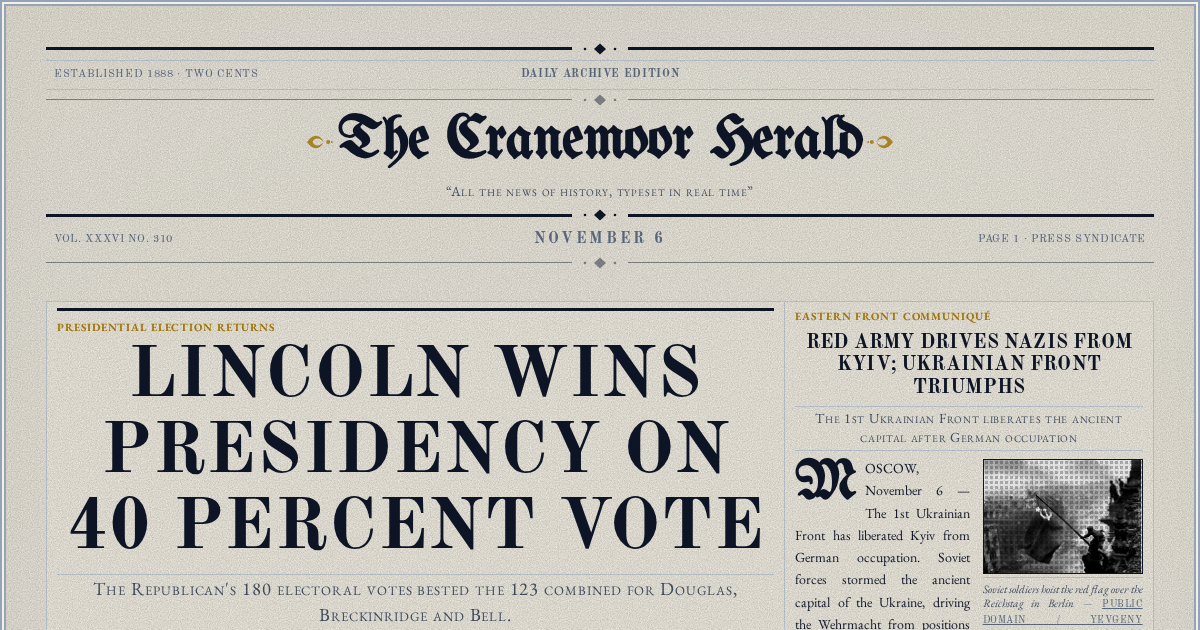 The Yesterday Times front page for November 6: Lincoln Wins Presidency on 40 Percent Vote