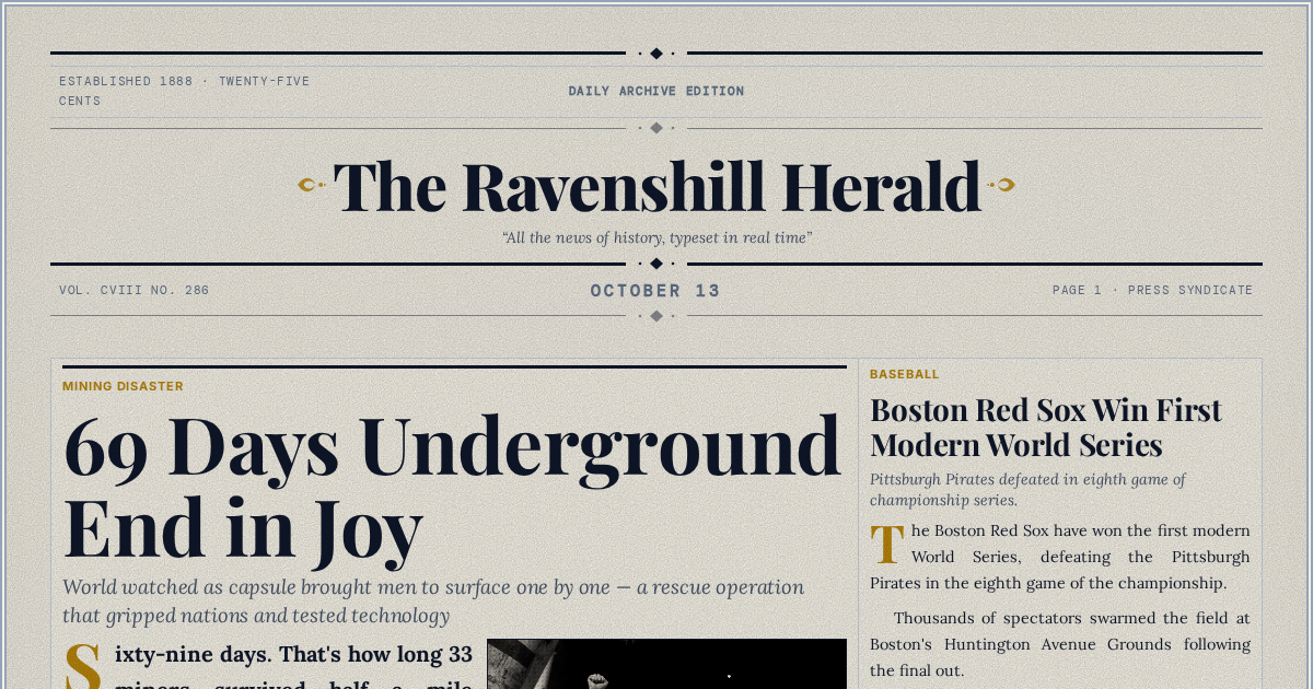 The Yesterday Times front page for October 13: 69 Days Underground End in Joy