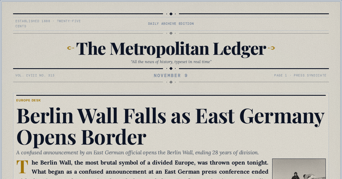 The Yesterday Times front page for November 9: Berlin Wall Falls as East Germany Opens Border