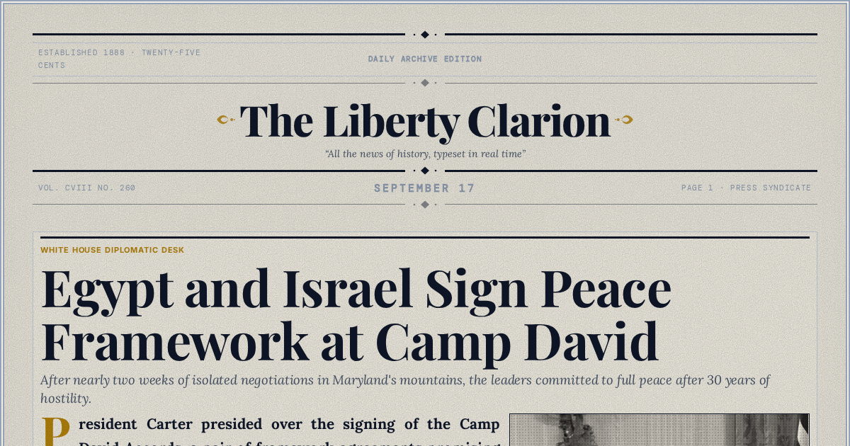 The Yesterday Times front page for September 17: Egypt and Israel Sign Peace Framework at Camp David