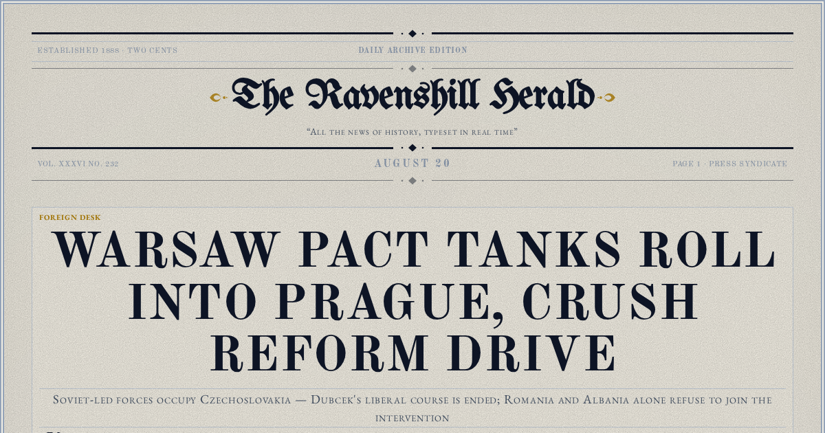 The Yesterday Times front page for August 20: Warsaw Pact Tanks Roll Into Prague, Crush Reform Drive